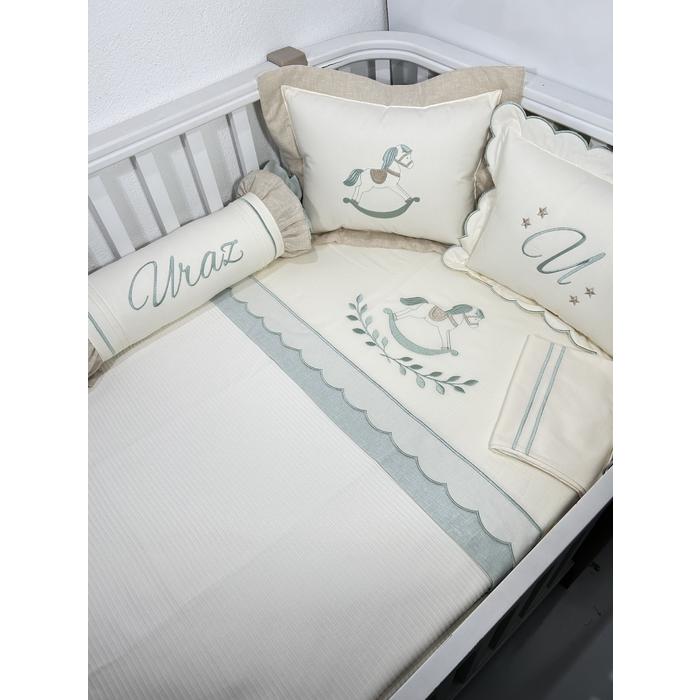 Pike takımı 6 parça krem fitilli pike - bej ile yeşil  isviçre keten - krem poplin 