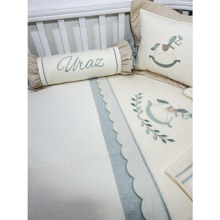 Pike takımı 6 parça krem fitilli pike - bej ile yeşil  isviçre keten - krem poplin 