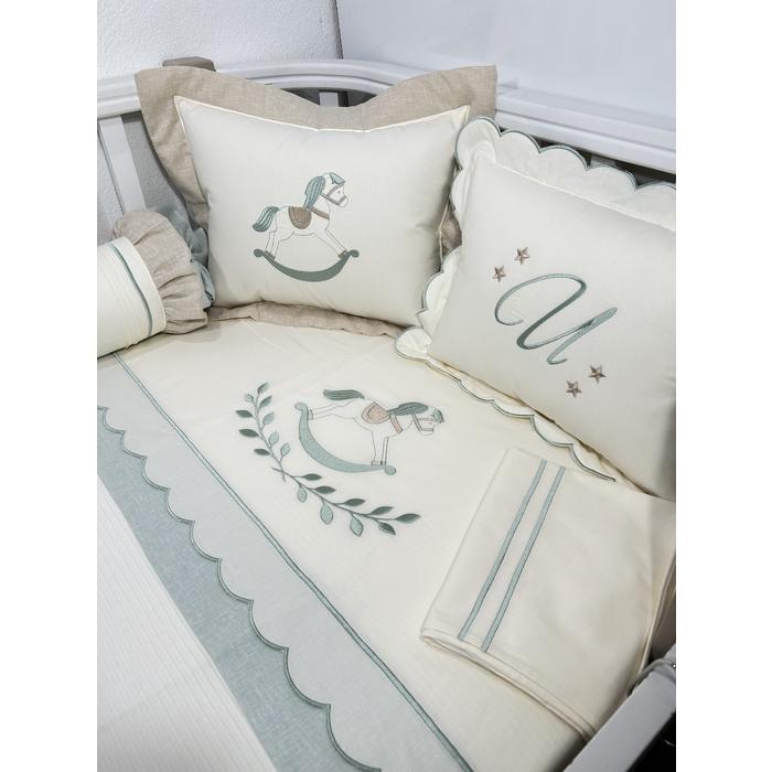 Pike takımı 6 parça krem fitilli pike - bej ile yeşil  isviçre keten - krem poplin 