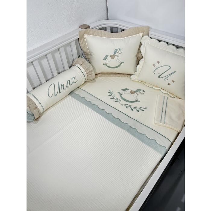 Pike takımı 6 parça krem fitilli pike - bej ile yeşil  isviçre keten - krem poplin 