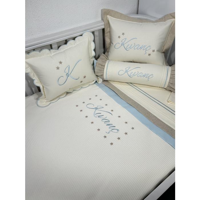 Pike takımı 6 parça krem fitilli pike - bej isviçre keten - bebe mavi poplin