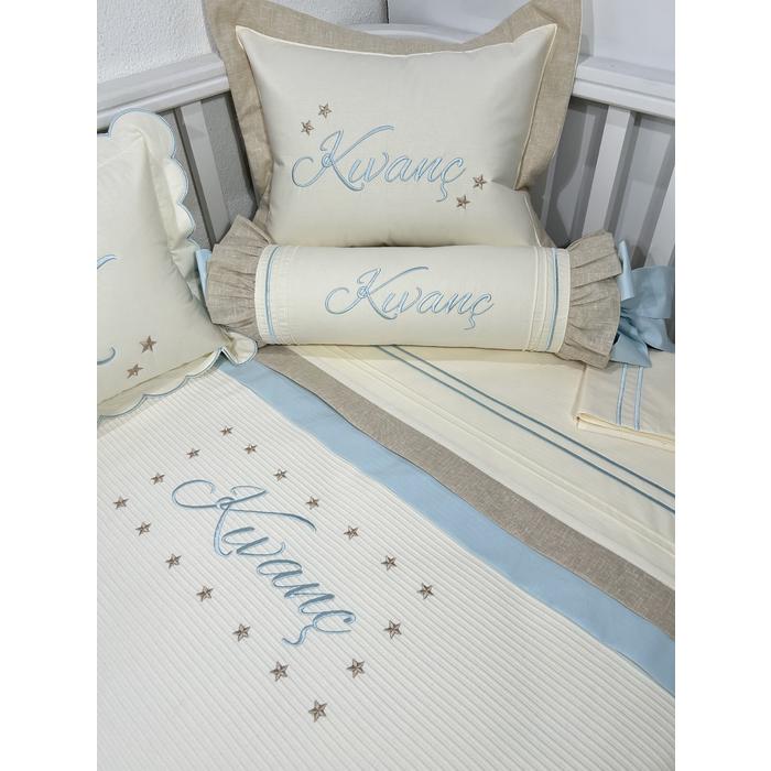 Pike takımı 6 parça krem fitilli pike - bej isviçre keten - bebe mavi poplin