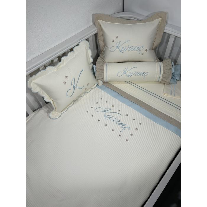 Pike takımı 6 parça krem fitilli pike - bej isviçre keten - bebe mavi poplin