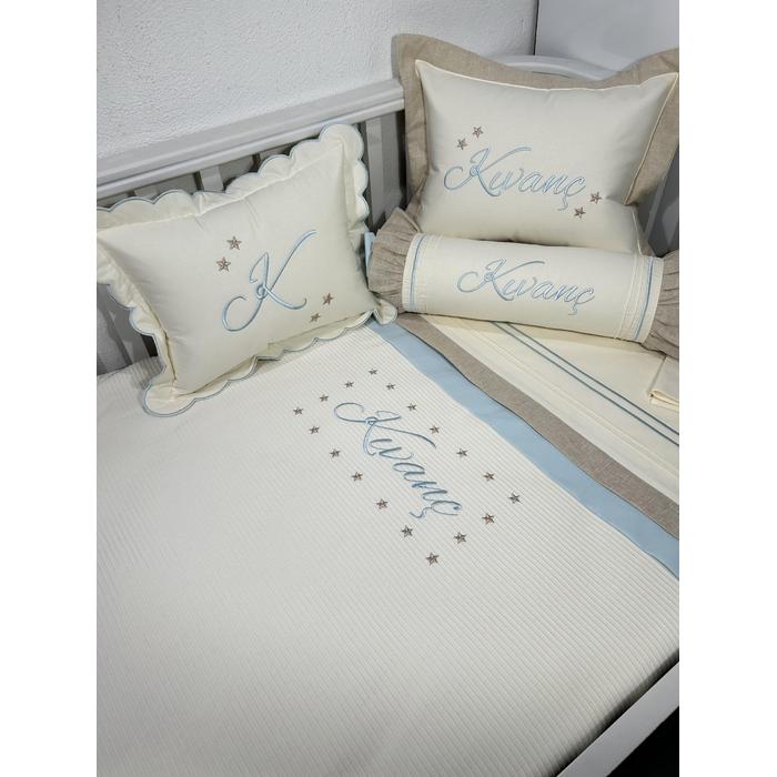 Pike takımı 6 parça krem fitilli pike - bej isviçre keten - bebe mavi poplin