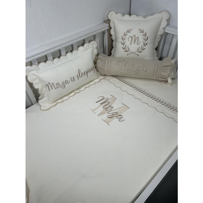 Pike takımı 6 parça krem fitilli pike - bej isviçre keten - krem poplin