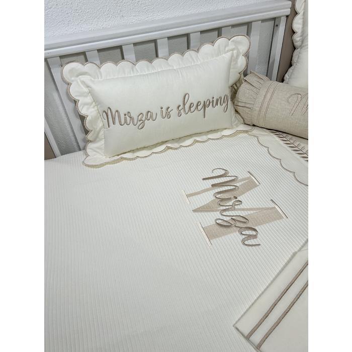 Pike takımı 6 parça krem fitilli pike - bej isviçre keten - krem poplin