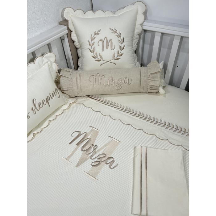 Pike takımı 6 parça krem fitilli pike - bej isviçre keten - krem poplin