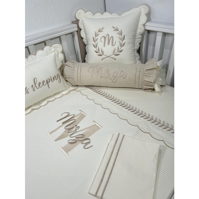 Pike takımı 6 parça krem fitilli pike - bej isviçre keten - krem poplin