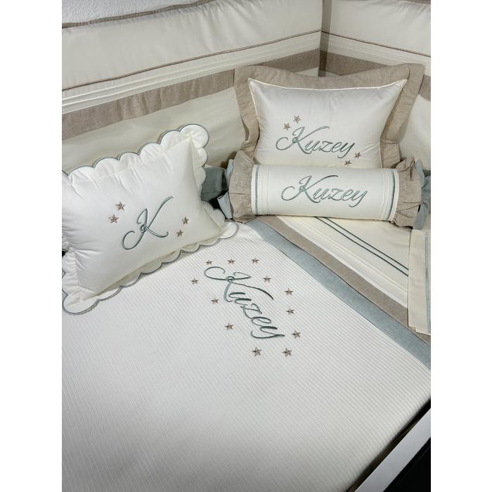 Pike takımı 6 parça krem fitilli pike - bej yeşil isviçre keten 