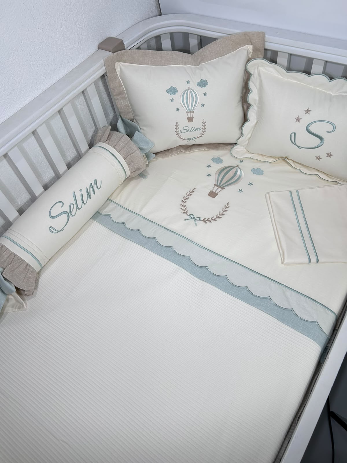 Pike takımı 6 parça krem fitilli pike - bej ile yeşil  isviçre keten - krem poplin 2