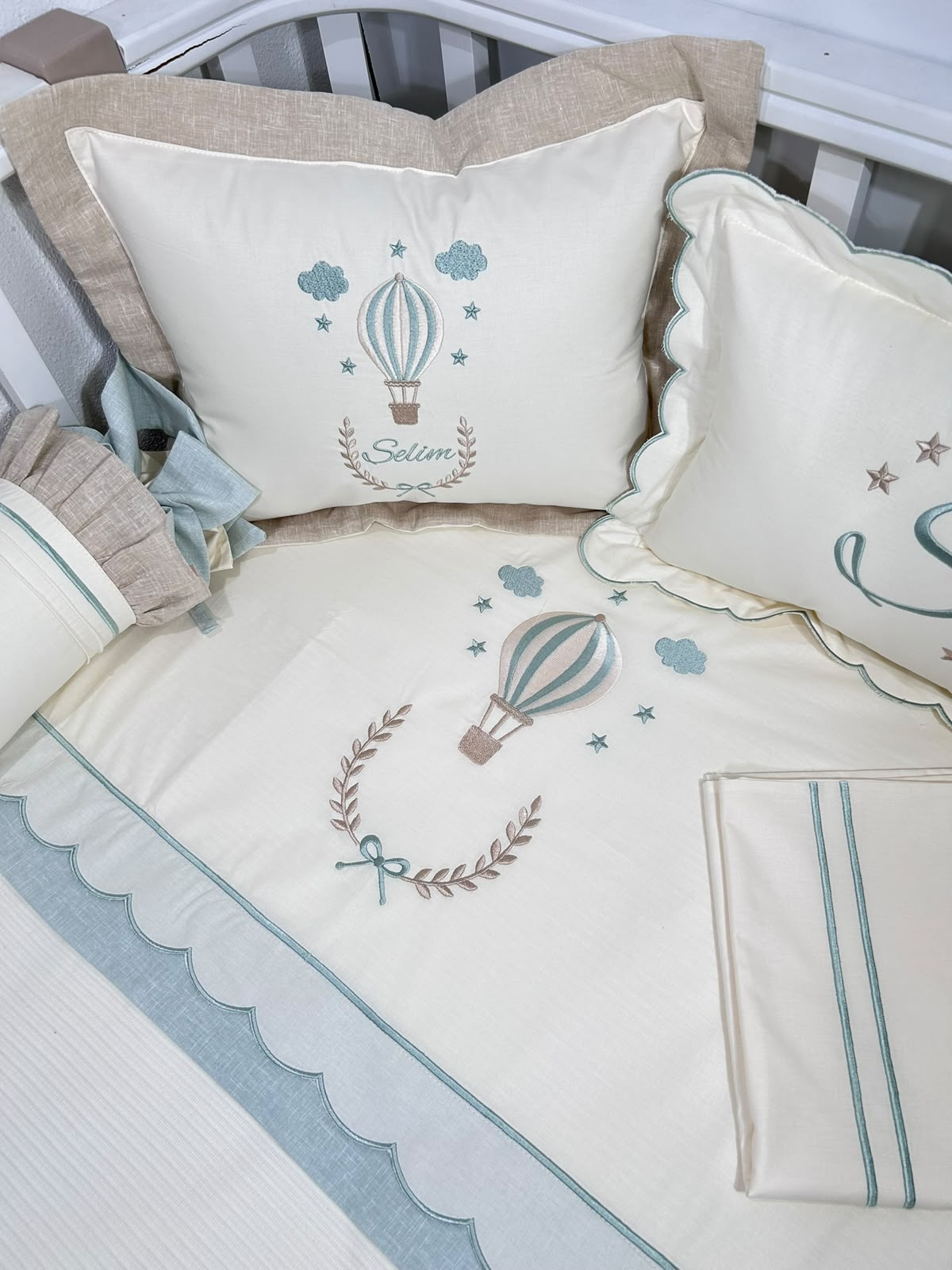 Pike takımı 6 parça krem fitilli pike - bej ile yeşil  isviçre keten - krem poplin 2