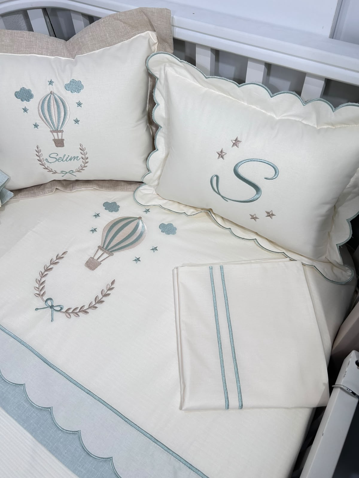 Pike takımı 6 parça krem fitilli pike - bej ile yeşil  isviçre keten - krem poplin 2
