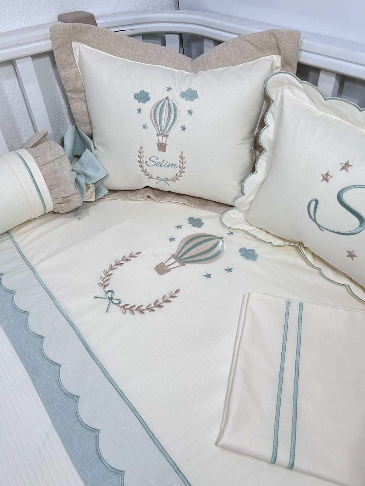 Pike takımı 6 parça krem fitilli pike - bej ile yeşil  isviçre keten - krem poplin 2