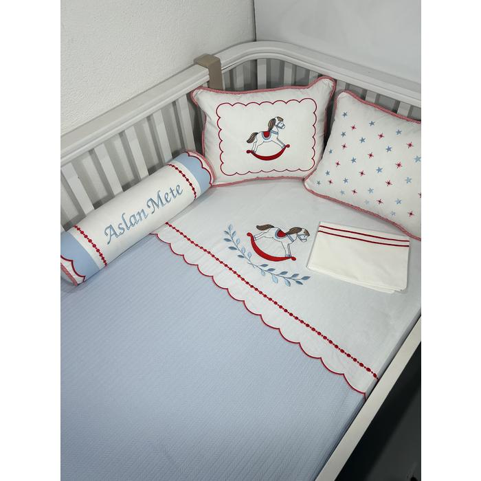 Pike takımı 6 parça Mavi örgü pike - beyaz poplin