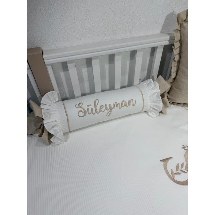 Pike takımı 7 parça beyaz fitilli pike - bej isviçre keteni