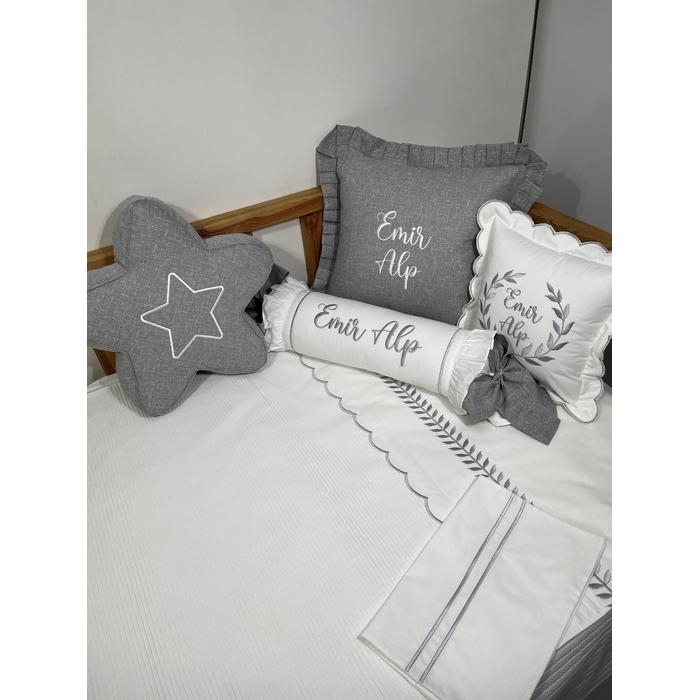 Pike takımı 7 parça beyaz fitilli pike - gri isviçre keteni