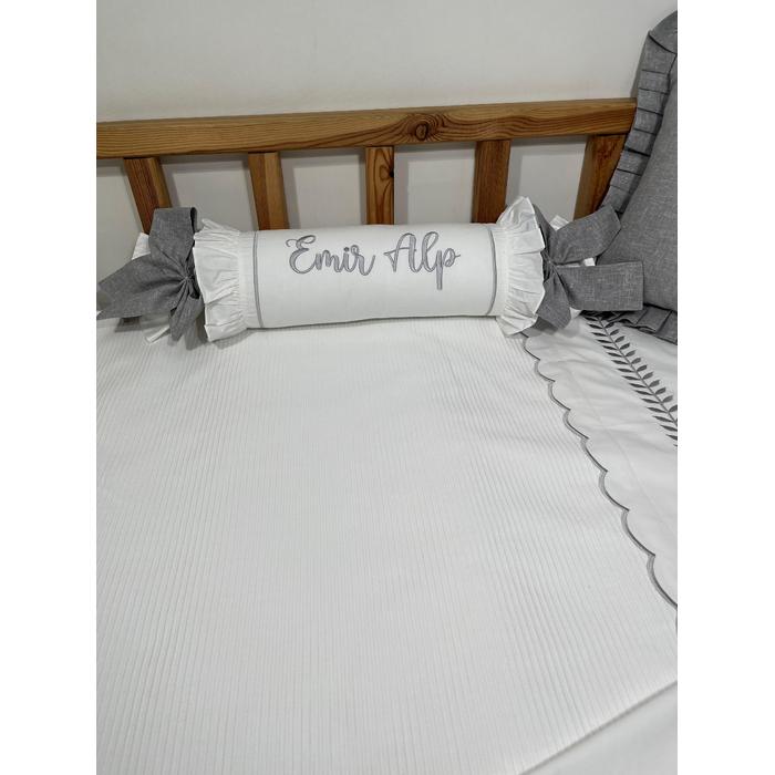 Pike takımı 7 parça beyaz fitilli pike - gri isviçre keteni