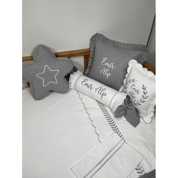 Pike takımı 7 parça beyaz fitilli pike - gri isviçre keteni