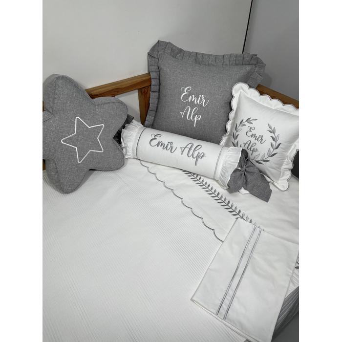 Pike takımı 7 parça beyaz fitilli pike - gri isviçre keteni