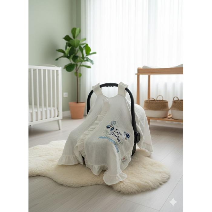 Puset örtüsü fırfırlı 4 kat beyaz müslin - isim işlemeli 2