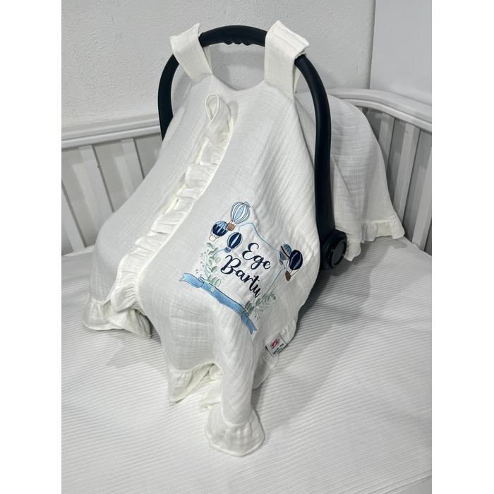 Puset örtüsü fırfırlı 4 kat beyaz müslin - isim işlemeli 2