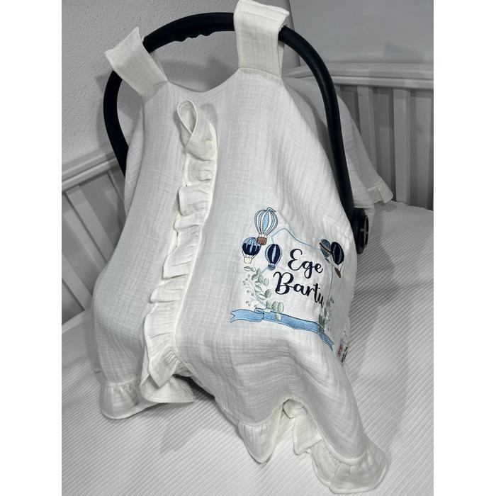 Puset örtüsü fırfırlı 4 kat beyaz müslin - isim işlemeli 2