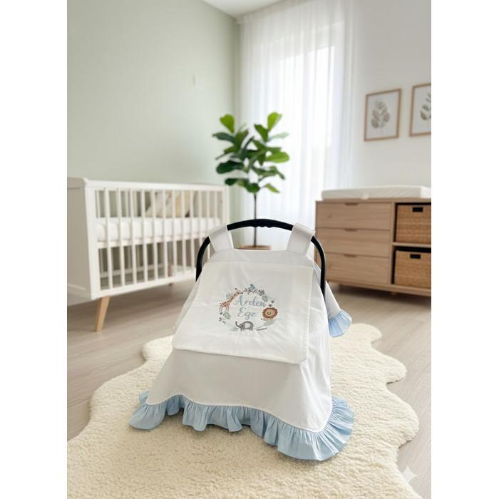 Puset örtüsü kapaklı model mavi fırfırlı beyaz poplin 