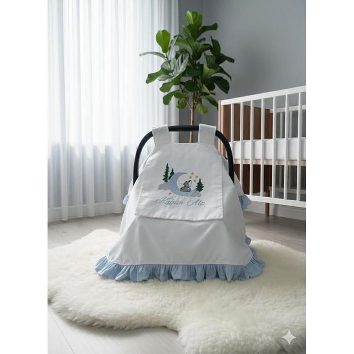 Puset örtüsü kapaklı model mavi fırfırlı beyaz poplin 2