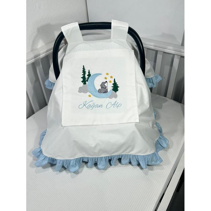 Puset örtüsü kapaklı model mavi fırfırlı beyaz poplin 2