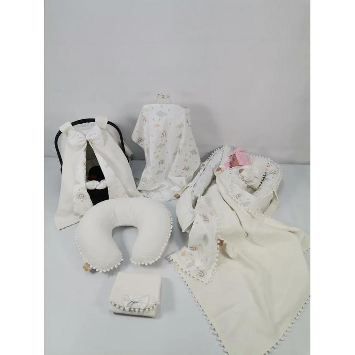 Babynest 8'li set krem waffle pike - gökkuşaklı poplin