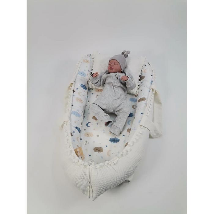 Babynest 8'li set krem waffle pike - mavi aylı bulutlu müslin
