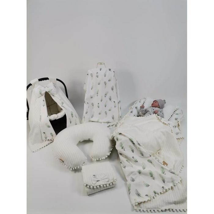 Babynest 8'li set krem örgü pike - yeşil tüylü poplin