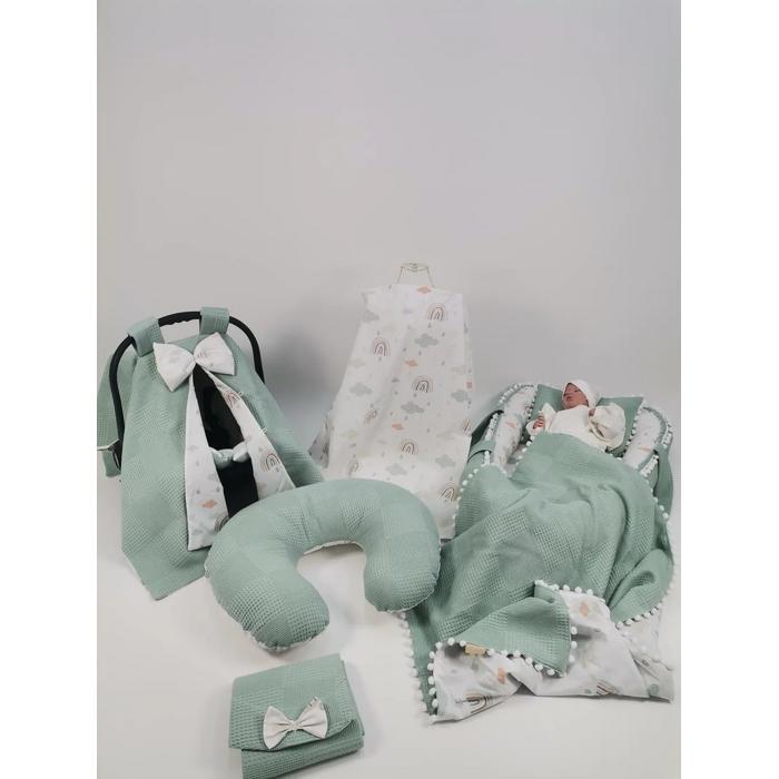 Babynest 8'li set yeşil waffle pike - gökkuşaklı poplin