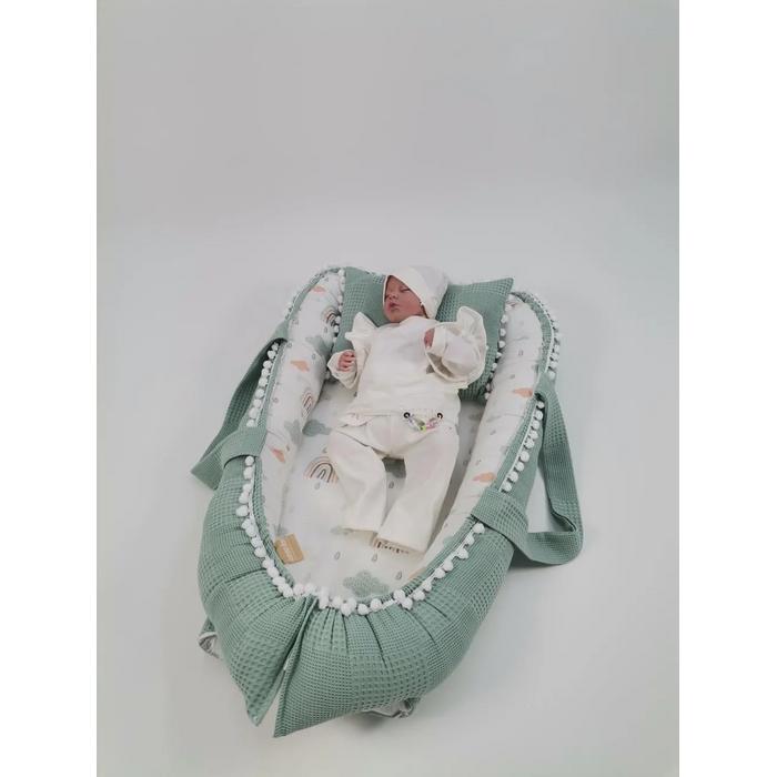 Babynest 8'li set yeşil waffle pike - gökkuşaklı poplin