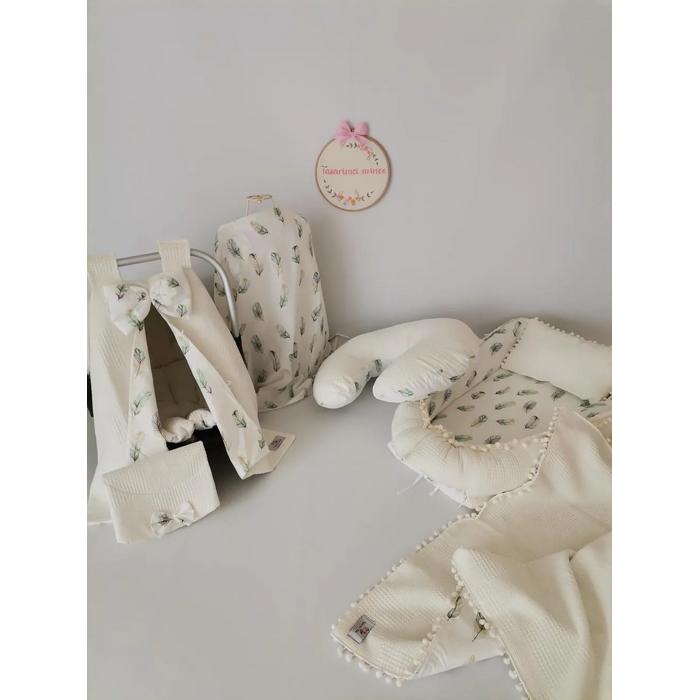 Babynest 8'li set krem waffle pike - yeşil tüylü poplin
