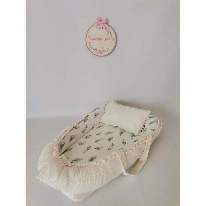 Babynest 8'li set krem waffle pike - yeşil tüylü poplin