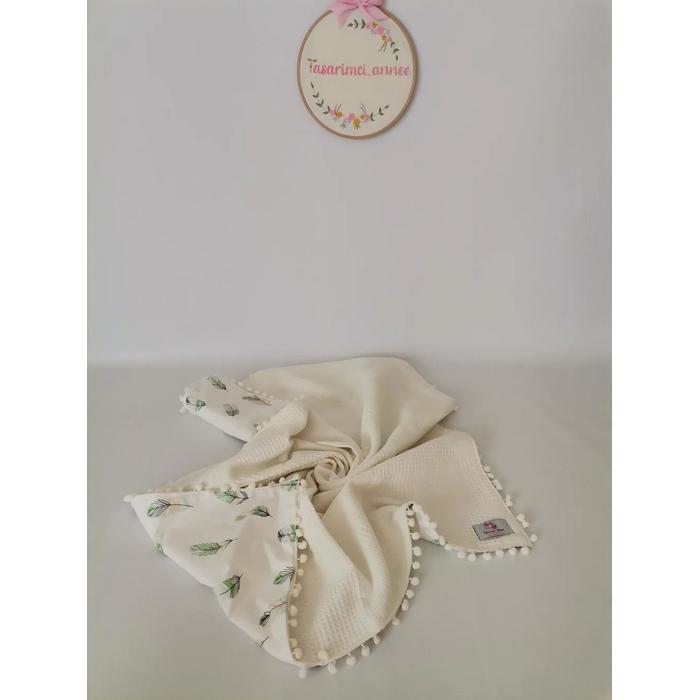 Babynest 8'li set krem waffle pike - yeşil tüylü poplin