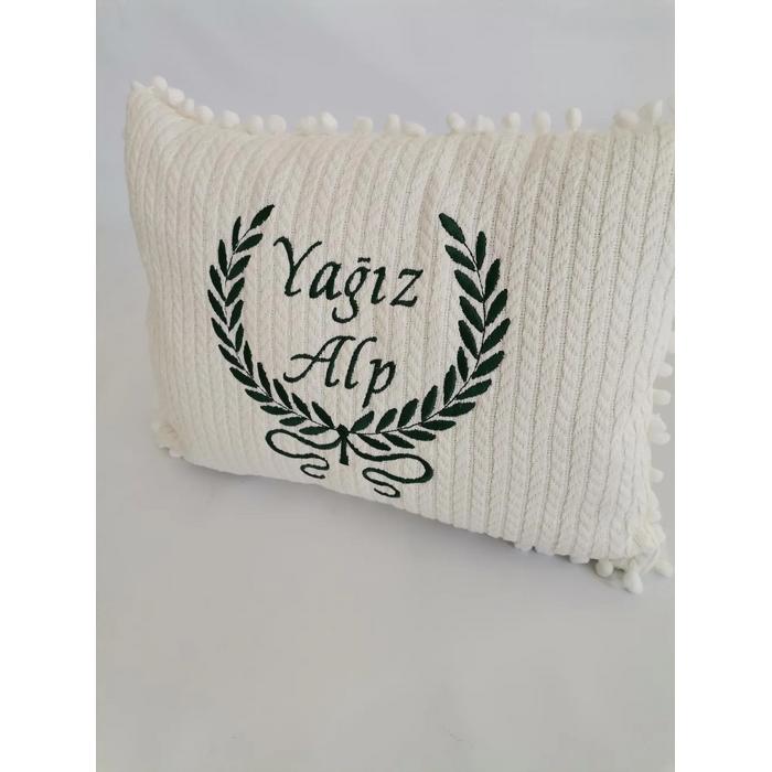 KREM ÖRGÜ PİKE KREM PONPONLU NAKIŞLI YASTIK