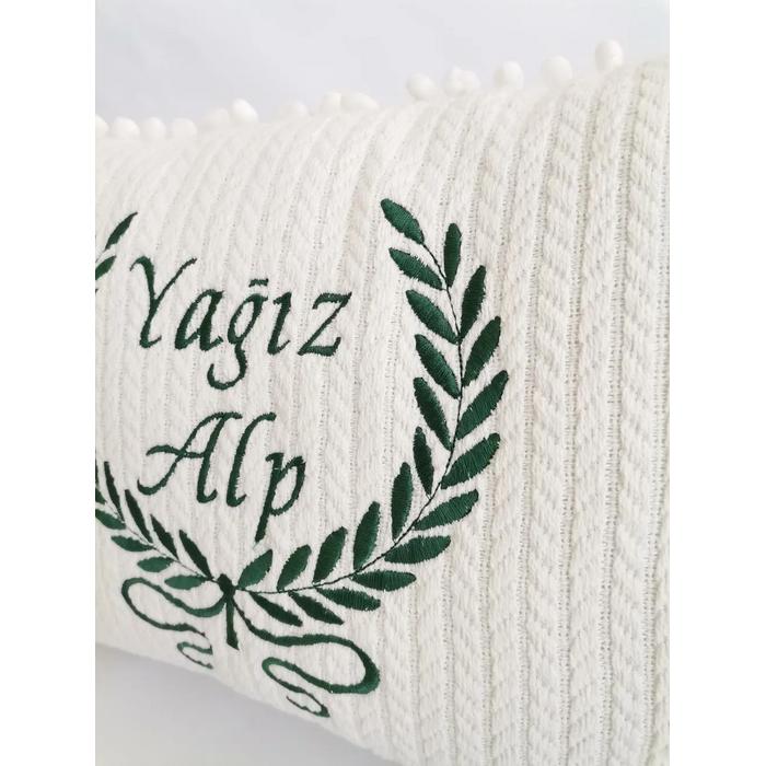 KREM ÖRGÜ PİKE KREM PONPONLU NAKIŞLI YASTIK