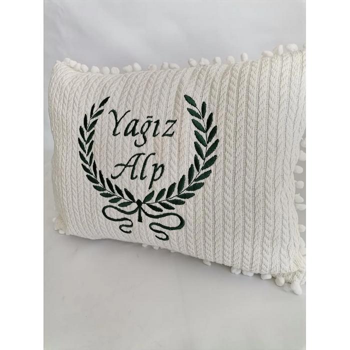 KREM ÖRGÜ PİKE KREM PONPONLU NAKIŞLI YASTIK