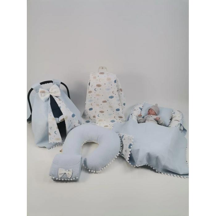Babynest 8'li set mavi waffle pike - mavi aylı bulutlu müslin