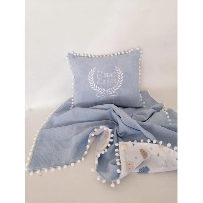 Battaniye ve yastık mavi waffle pike - mavi aylı bulutlu müslin 2