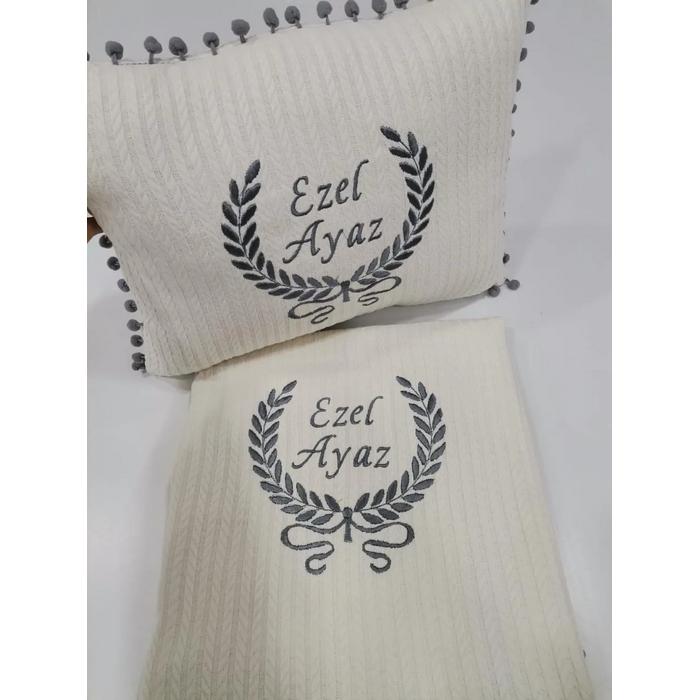 Battaniye ve yastık krem örgü pike - krem poplin 3