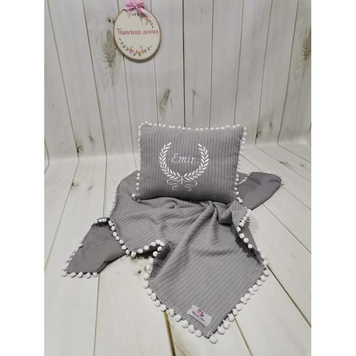 Battaniye ve yastık gri örgü pike - gri poplin