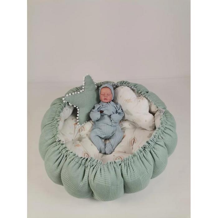 Yuvarlak babynest yeşil waffle pike - gökkuşaklı poplin