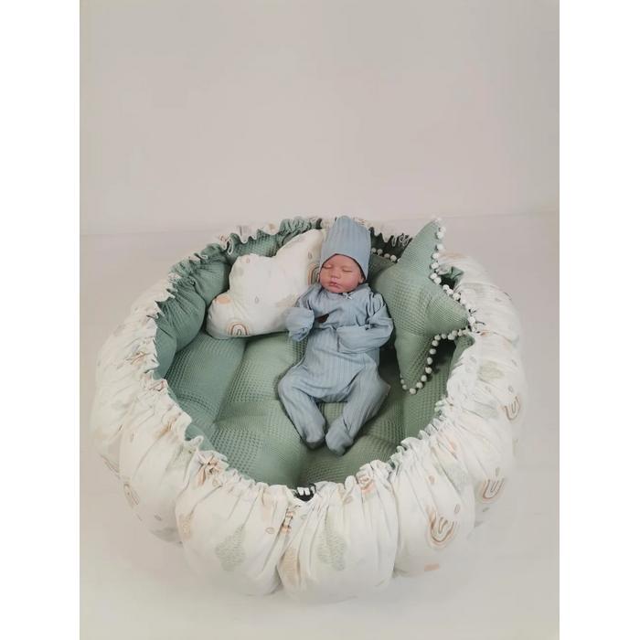 Yuvarlak babynest yeşil waffle pike - gökkuşaklı poplin