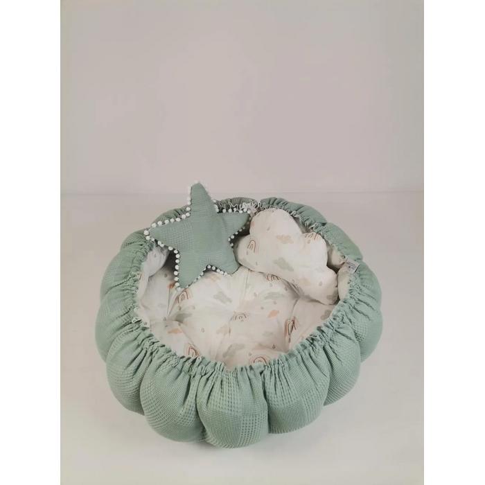 Yuvarlak babynest yeşil waffle pike - gökkuşaklı poplin