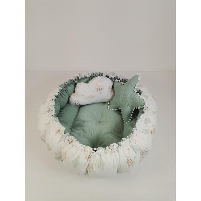 Yuvarlak babynest yeşil waffle pike - gökkuşaklı poplin
